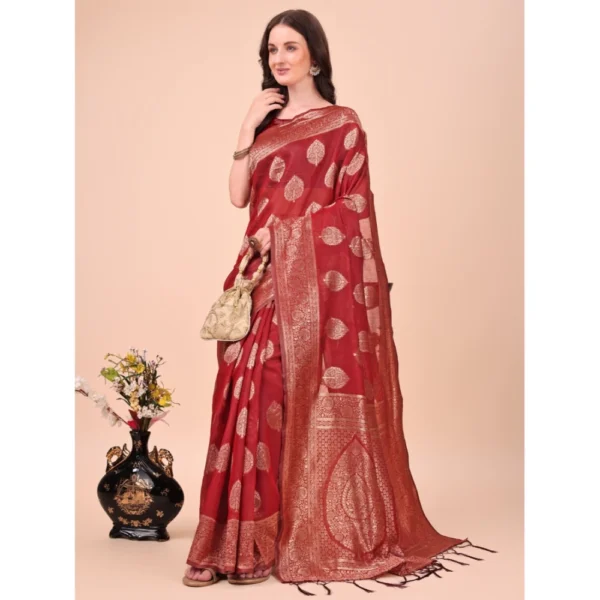 Generic Women's Cotton Printed Saree With Unstitched Blouse 5.5Mtr (Maroon) - Image 2