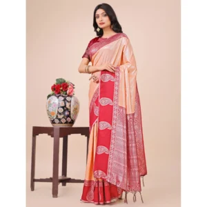 Generic Women's Lichi Silk Printed Saree With Unstitched Blouse 5.5Mtr (Peach)