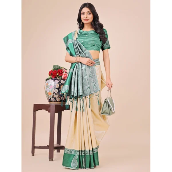 Generic Women's Lichi Silk Printed Saree With Unstitched Blouse 5.5Mtr (Cream) - Image 2