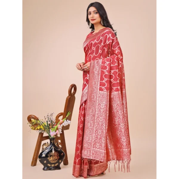 Generic Women's Linen Cotton Printed Saree With Unstitched Blouse 5.5Mtr (Red) - Image 2