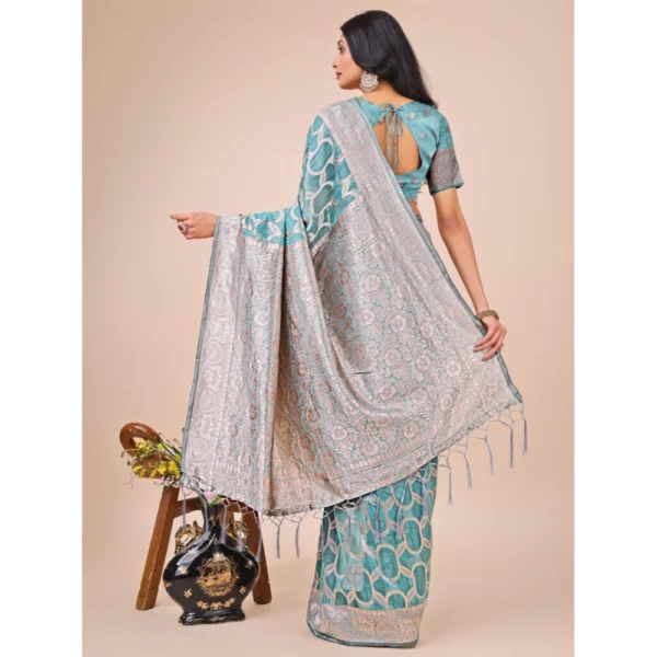 Generic Women's Linen Cotton Printed Saree With Unstitched Blouse 5.5Mtr (Teal) - Image 3