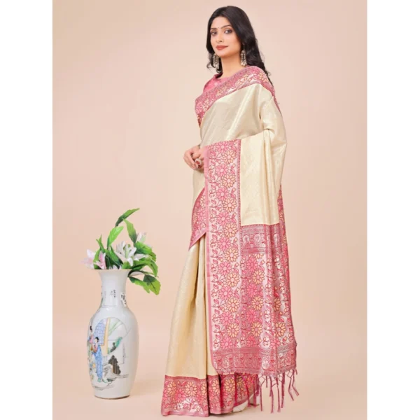 Generic Women's Lichi Silk Printed Saree With Unstitched Blouse 5.5Mtr (Cream) - Image 2