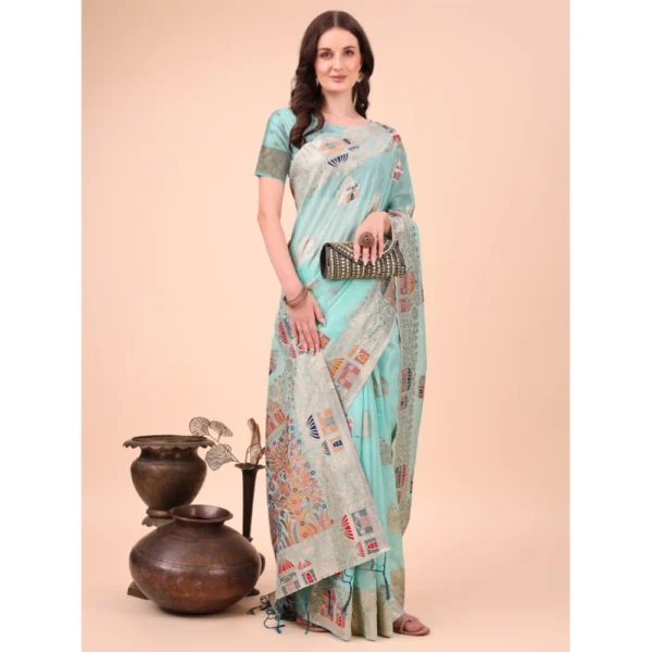 Generic Women's Linen Cotton Printed Saree With Unstitched Blouse 5.5Mtr (Sky Blue) - Image 2