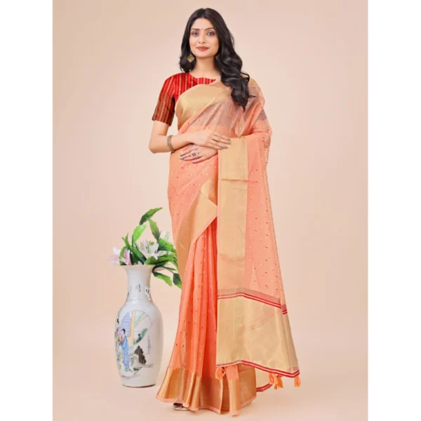 Generic Women's Organza Printed Saree With Unstitched Blouse 5.5Mtr (Peach)