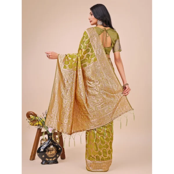 Generic Women's Linen Cotton Printed Saree With Unstitched Blouse 5.5Mtr (Olive Green) - Image 3