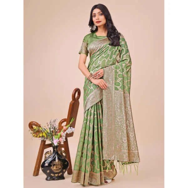 Generic Women's Linen Cotton Printed Saree With Unstitched Blouse 5.5Mtr (Green)