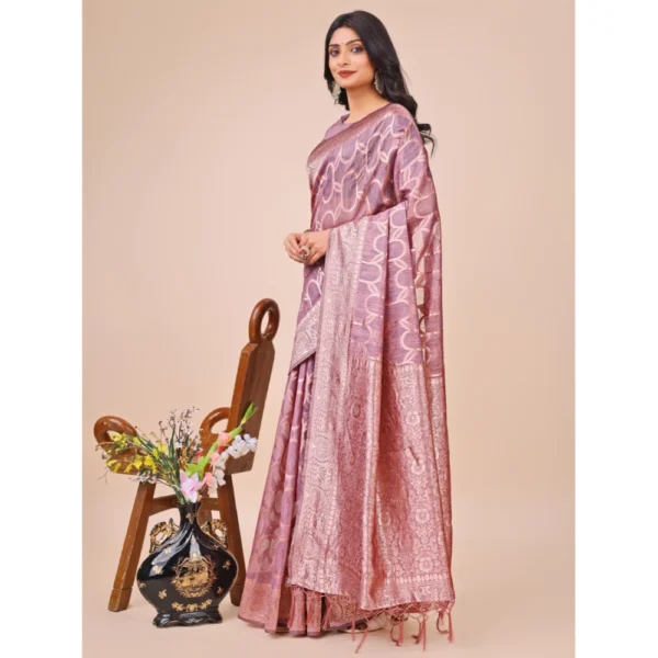 Generic Women's Linen Cotton Printed Saree With Unstitched Blouse 5.5Mtr (Purple) - Image 2
