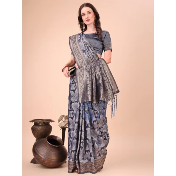 Generic Women's Cotton Printed Saree With Unstitched Blouse 5.5Mtr (Navy Blue) - Image 2