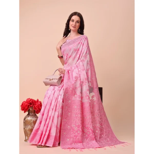 Generic Women's Cotton Printed Saree With Unstitched Blouse 5.5Mtr (Pink) - Image 2