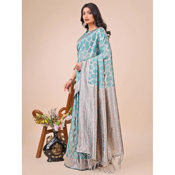 Generic Women's Linen Cotton Printed Saree With Unstitched Blouse 5.5Mtr (Teal) - Image 2