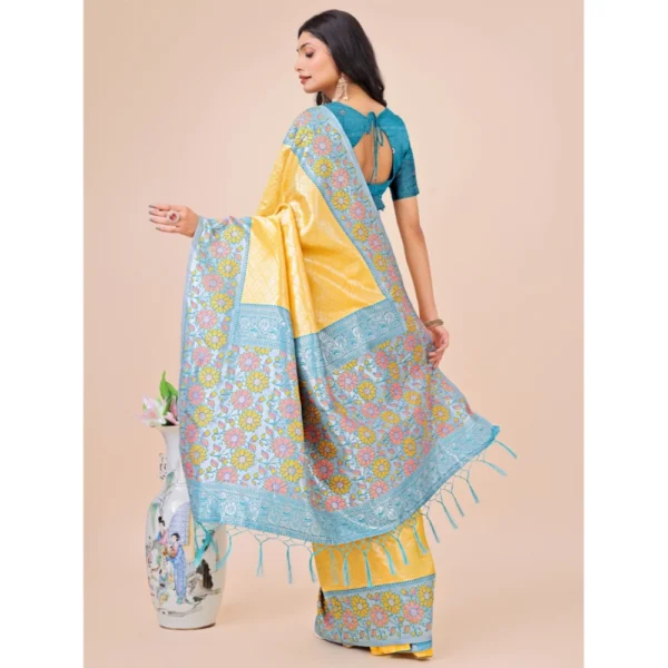 Generic Women's Lichi Silk Printed Saree With Unstitched Blouse 5.5Mtr (Yellow) - Image 3