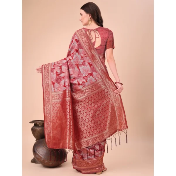 Generic Women's Cotton Printed Saree With Unstitched Blouse 5.5Mtr (Red) - Image 3