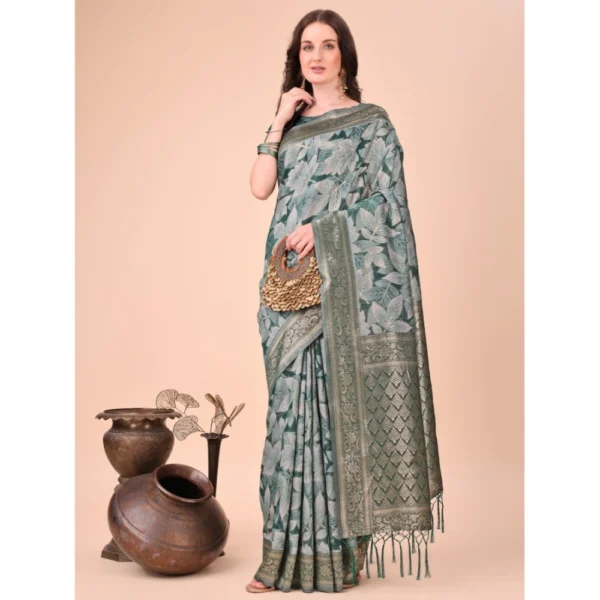 Generic Women's Cotton Printed Saree With Unstitched Blouse 5.5Mtr (Green) - Image 2
