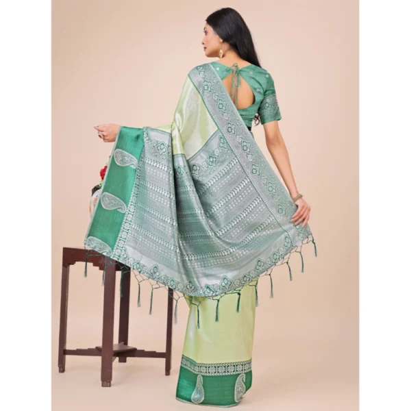 Generic Women's Lichi Silk Printed Saree With Unstitched Blouse 5.5Mtr (Light Green) - Image 3