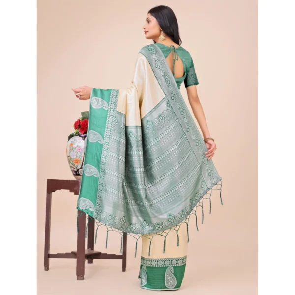Generic Women's Lichi Silk Printed Saree With Unstitched Blouse 5.5Mtr (Cream) - Image 3