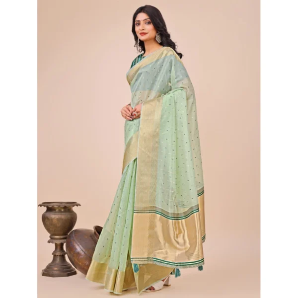 Generic Women's Organza Printed Saree With Unstitched Blouse 5.5Mtr (Olive Green) - Image 3