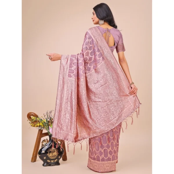 Generic Women's Linen Cotton Printed Saree With Unstitched Blouse 5.5Mtr (Purple) - Image 3