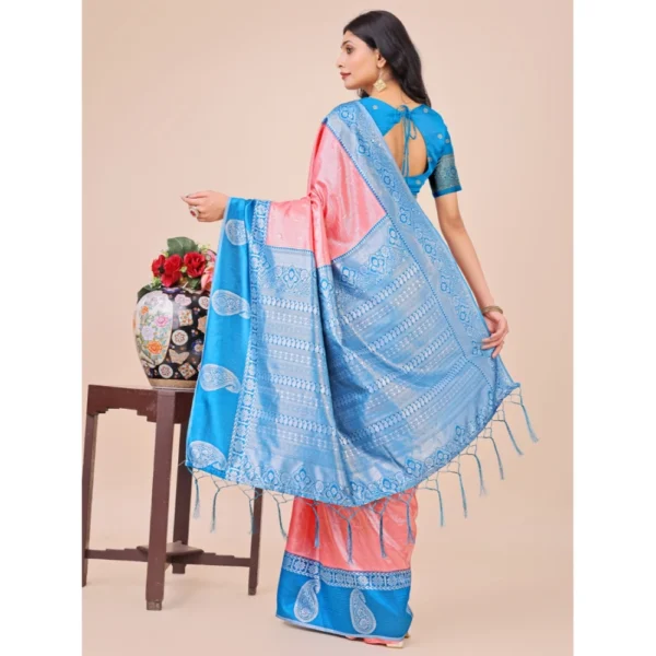 Generic Women's Lichi Silk Printed Saree With Unstitched Blouse 5.5Mtr (Peach) - Image 3