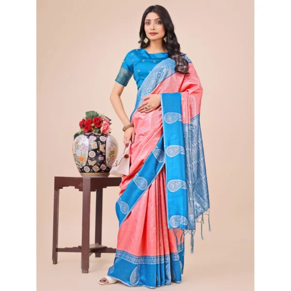 Generic Women's Lichi Silk Printed Saree With Unstitched Blouse 5.5Mtr (Peach) - Image 2