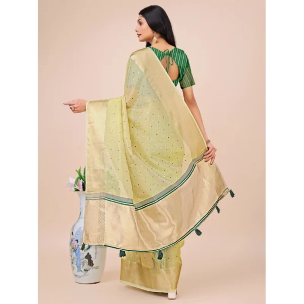 Generic Women's Organza Printed Saree With Unstitched Blouse 5.5Mtr (Light Green) - Image 3