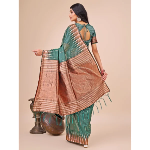 Generic Women's Linen Cotton Printed Saree With Unstitched Blouse 5.5Mtr (Green) - Image 3