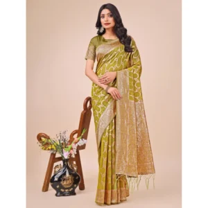 Generic Women's Linen Cotton Printed Saree With Unstitched Blouse 5.5Mtr (Olive Green)