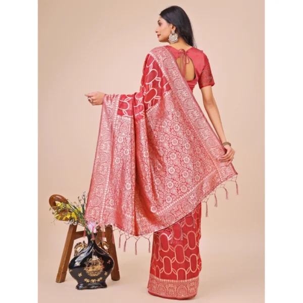 Generic Women's Linen Cotton Printed Saree With Unstitched Blouse 5.5Mtr (Red) - Image 3