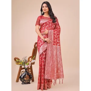 Generic Women's Linen Cotton Printed Saree With Unstitched Blouse 5.5Mtr (Red)