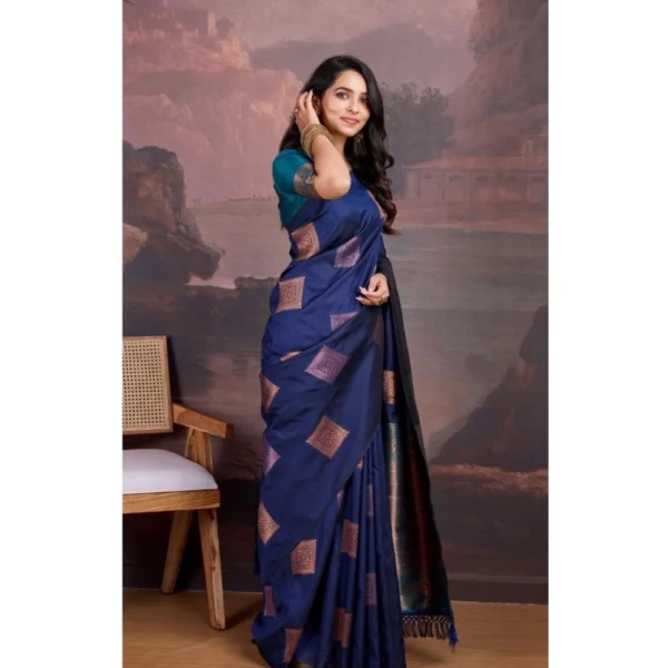 Generic Women's Silk Printed Saree With Unstitched Blouse 5.5Mtr (Navy Blue) - Image 2