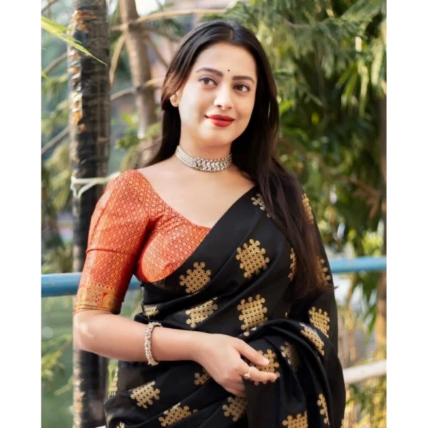Generic Women's Silk Printed Saree With Unstitched Blouse 5.5Mtr (Blacl-Orange) - Image 3