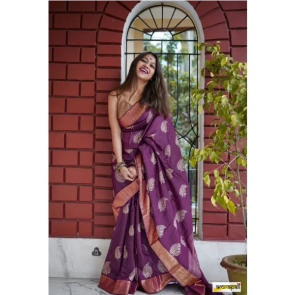 Generic Women's Silk Printed Saree With Unstitched Blouse 5.5Mtr (Purple) - Image 3