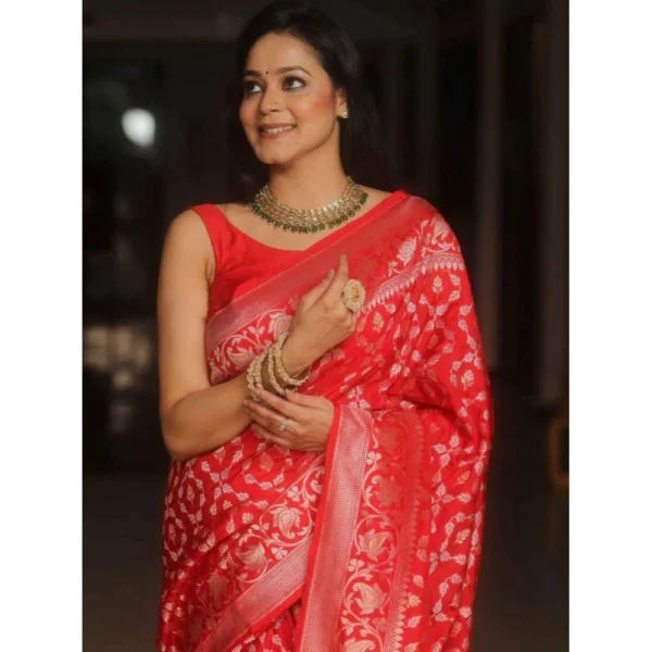 Generic Women's Silk Printed Saree With Unstitched Blouse 5.5Mtr (Orange) - Image 2