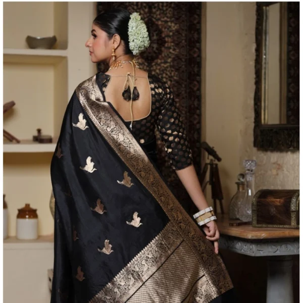 Generic Women's Silk Printed Saree With Unstitched Blouse 5.5Mtr (Black) - Image 3