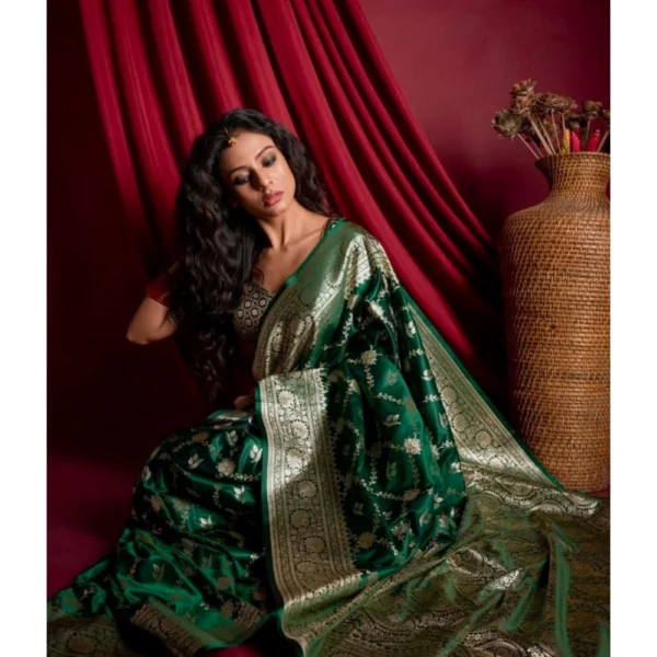 Generic Women's Silk Printed Saree With Unstitched Blouse 5.5Mtr (Dark Green) - Image 3