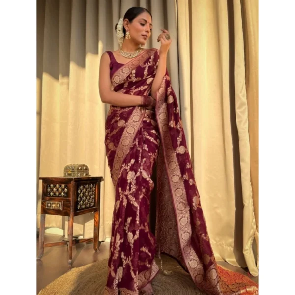 Generic Women's Silk Printed Saree With Unstitched Blouse 5.5Mtr (Maroon) - Image 3