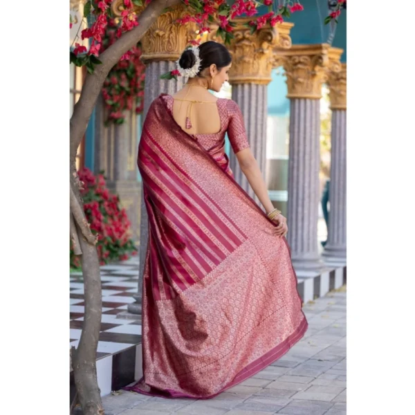 Generic Women's Silk Printed Saree With Unstitched Blouse 5.5Mtr (Pink) - Image 3