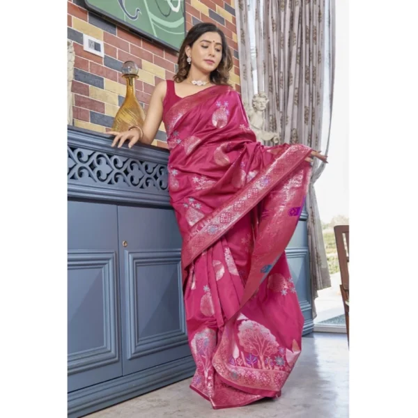 Generic Women's Silk Printed Saree With Unstitched Blouse 5.5Mtr (Rani Pink) - Image 2