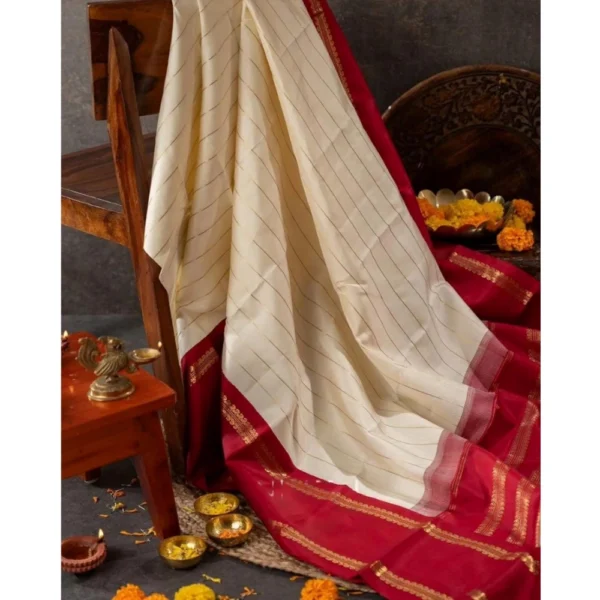 Generic Women's Silk Printed Saree With Unstitched Blouse 5.5Mtr (Off White) - Image 3