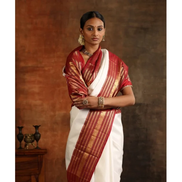 Generic Women's Silk Printed Saree With Unstitched Blouse 5.5Mtr (White-Maroon) - Image 2