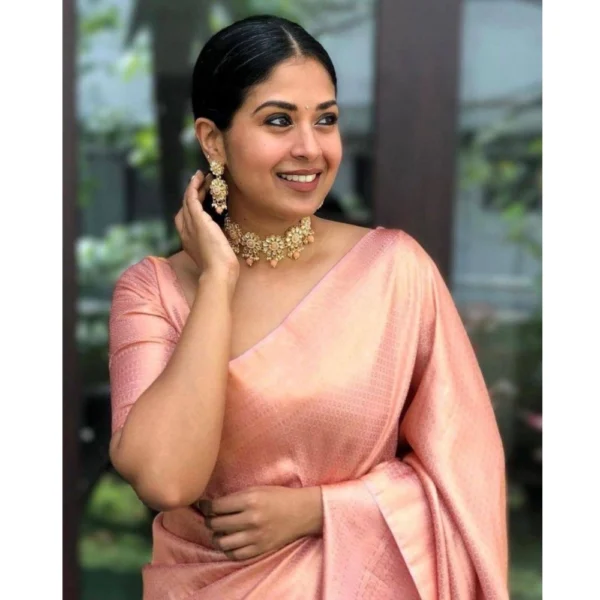 Generic Women's Silk Printed Saree With Unstitched Blouse 5.5Mtr (Peach) - Image 3