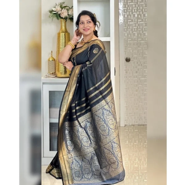 Generic Women's Silk Printed Saree With Unstitched Blouse 5.5Mtr (Black) - Image 3