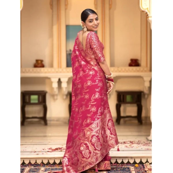 Generic Women's Silk Printed Saree With Unstitched Blouse 5.5Mtr (Pink) - Image 3