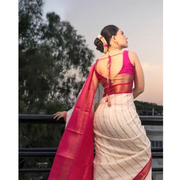 Generic Women's Silk Printed Saree With Unstitched Blouse 5.5Mtr (White-Pink) - Image 2