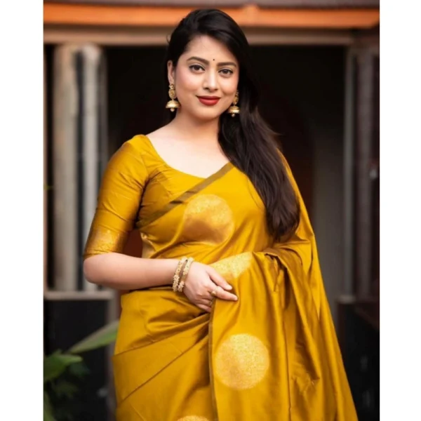 Generic Women's Silk Printed Saree With Unstitched Blouse 5.5Mtr (Yellow) - Image 3