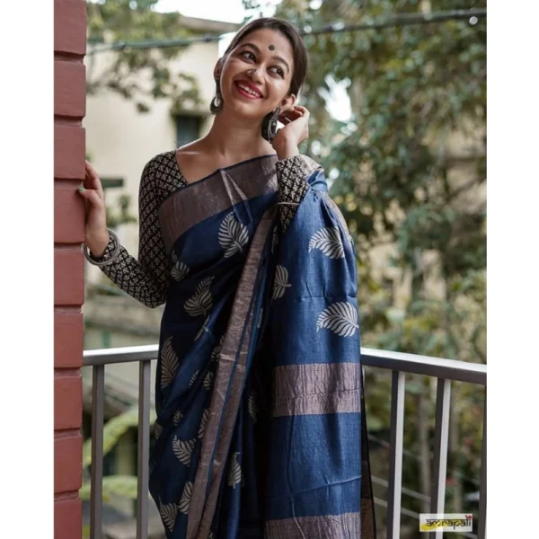 Generic Women's Silk Printed Saree With Unstitched Blouse 5.5Mtr (Navy Blue) - Image 2