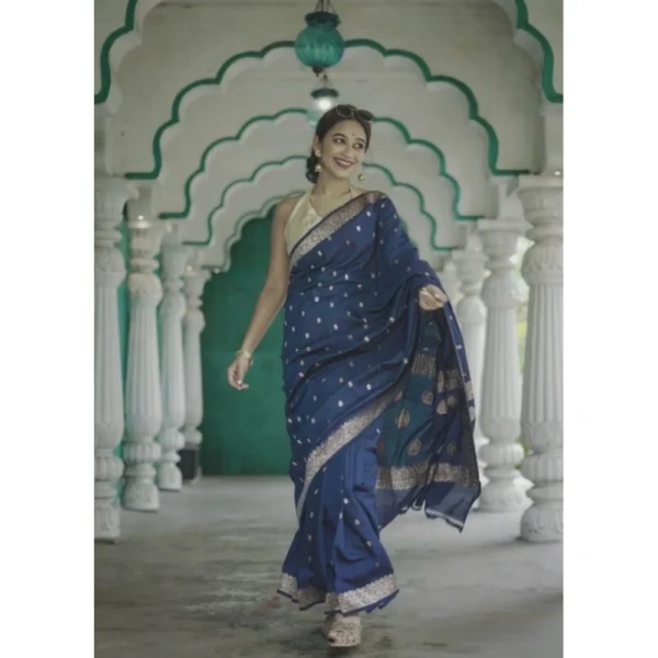 Generic Women's Cotton  Printed Saree With Unstitched Blouse 5.5Mtr (Navy Blue) - Image 2