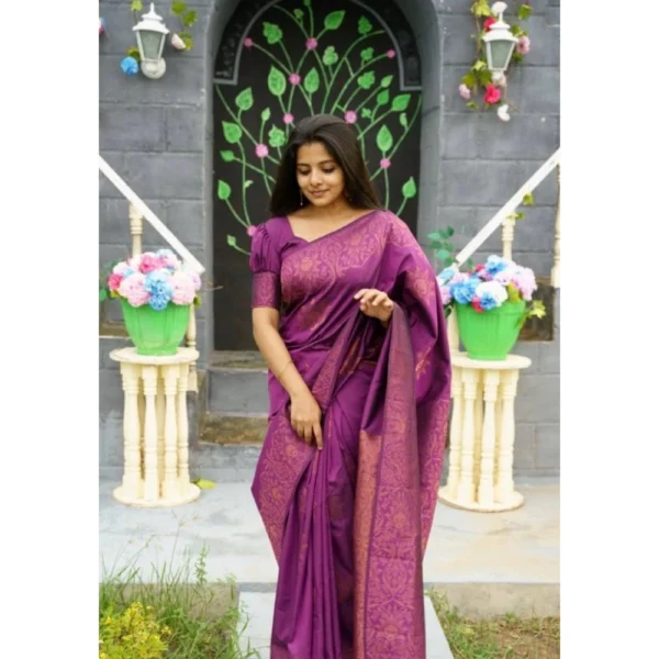 Generic Women's Silk Printed Saree With Unstitched Blouse 5.5Mtr (Purple) - Image 2