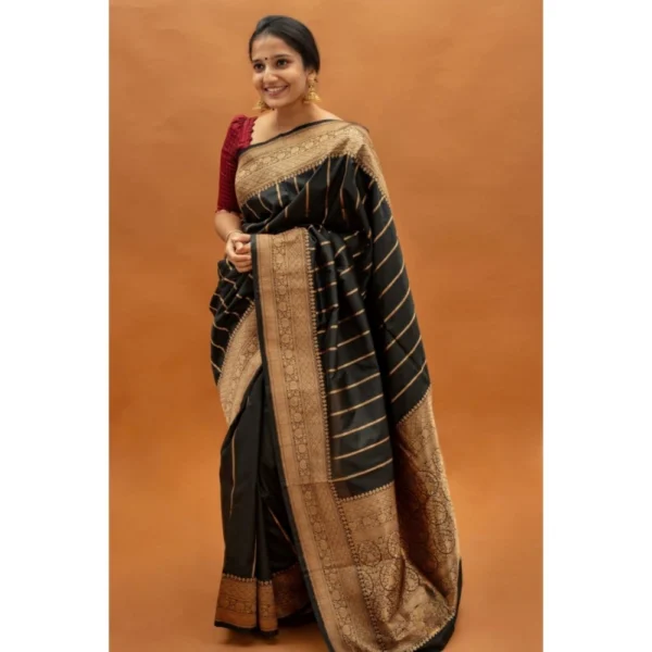 Generic Women's Silk Printed Saree With Unstitched Blouse 5.5Mtr (Black) - Image 2