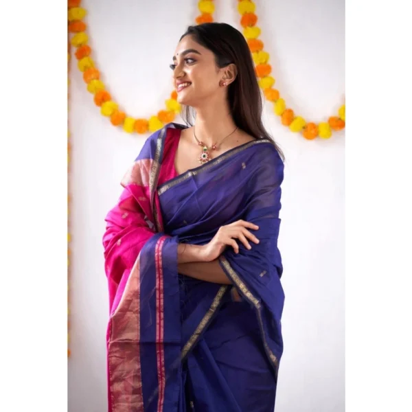 Generic Women's Cotton  Printed Saree With Unstitched Blouse 5.5Mtr (Blue) - Image 3