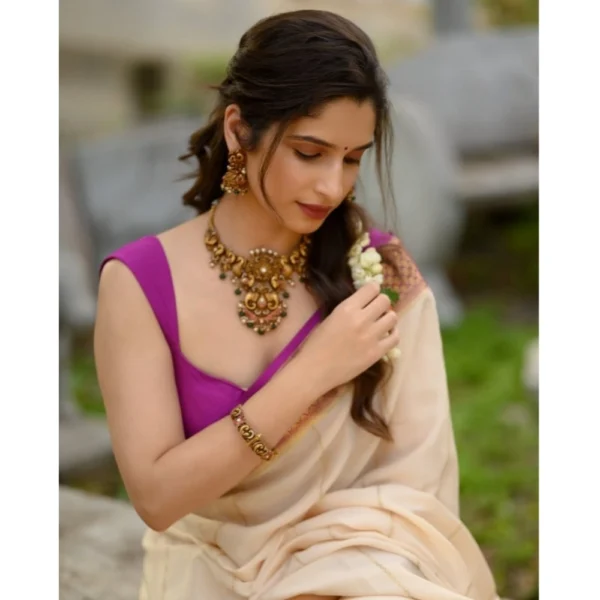 Generic Women's Silk Printed Saree With Unstitched Blouse 5.5Mtr (Off White-Pink) - Image 2